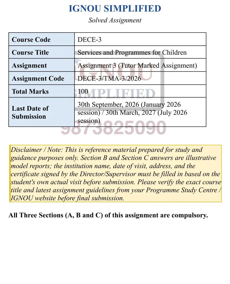IGNOU DECE-3 SOLVED ASSIGNMENT 2026-27 IN ENGLISH (DECE-3) — DECE-3 IGNOU PDF download