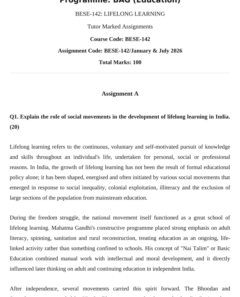 IGNOU BESE-142 SOLVED ASSIGNMENT 2026-27 IN ENGLISH (BESE-142) — BESE-142 IGNOU PDF download