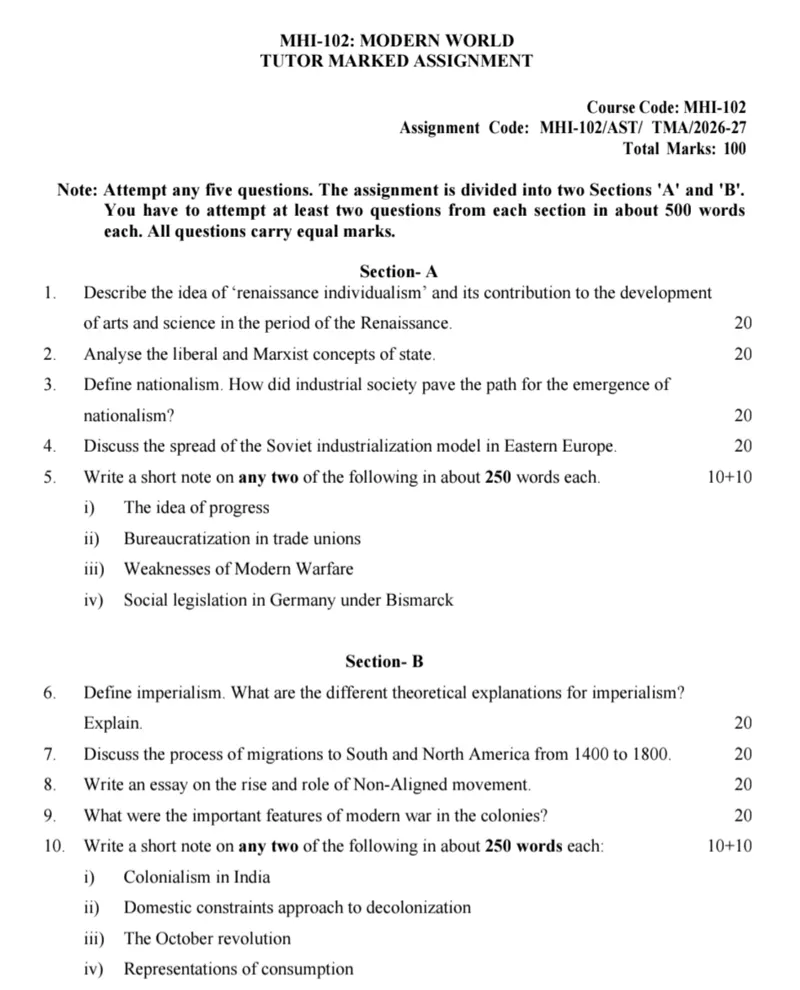 IGNOU MHI-102 SOLVED ASSIGNMENT 2026-27 IN ENGLISH (MHI-102) — MHI-102 IGNOU PDF download