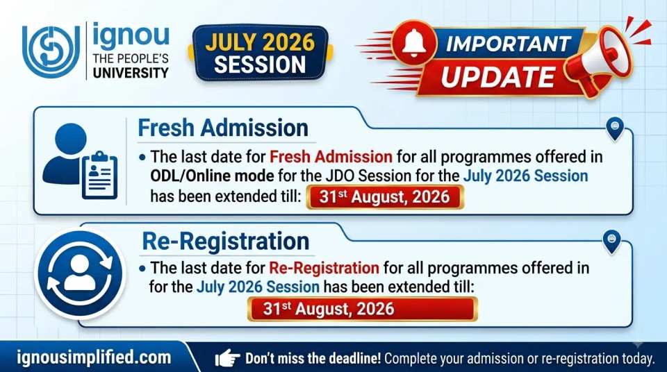IGNOU Admission Last Date Extended to 31 August 2026