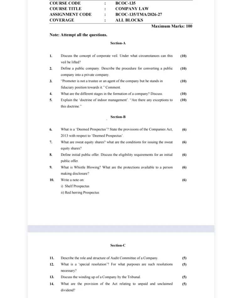 IGNOU BCOC-135 SOLVED ASSIGNMENT 2026-27 IN ENGLISH (Company Law) — BCOC-135 IGNOU PDF download (1)