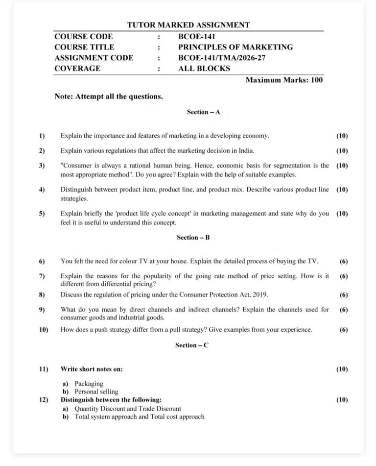 IGNOU BCOE-141 SOLVED ASSIGNMENT 2026-27 IN ENGLISH (Principles Of Marketing) — BCOE-141 IGNOU PDF download (1)