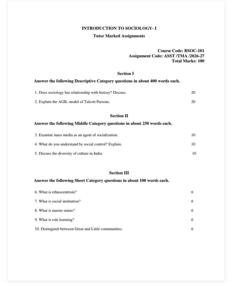 IGNOU BSOC-101 SOLVED ASSIGNMENT 2026-27 IN ENGLISH (Introduction to Sociology-I) — BSOC-101 IGNOU PDF download (1)