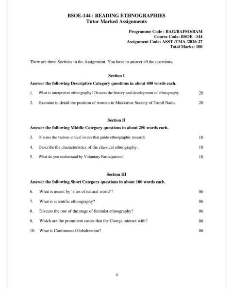 IGNOU BSOE-144 SOLVED ASSIGNMENT 2026-27 IN ENGLISH (Reading Ethnographies) — BSOE-144 IGNOU PDF download