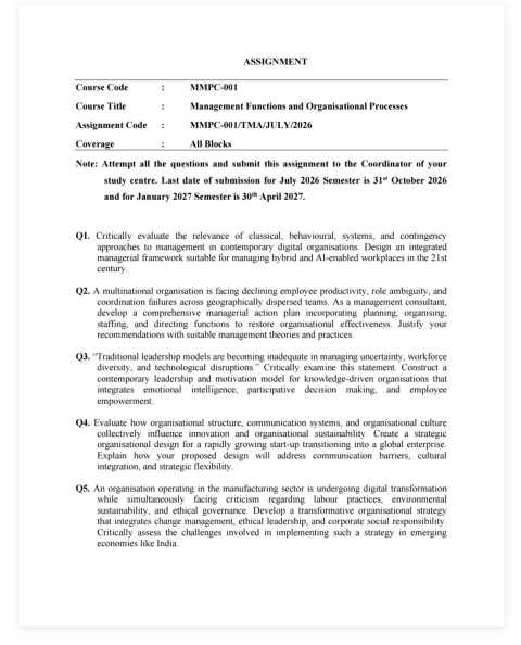 IGNOU MMPC-001 SOLVED ASSIGNMENT 2026-27 IN ENGLISH (Management Functions and Organisational Processes) — MMPC-001 IGNOU PDF download