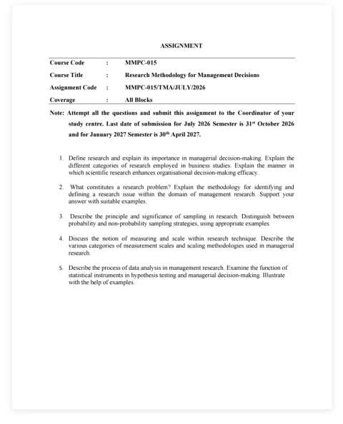 IGNOU MMPC-015 SOLVED ASSIGNMENT 2026-27 IN ENGLISH (Research Methodology for Management Decisions) — MMPC-015 IGNOU PDF download